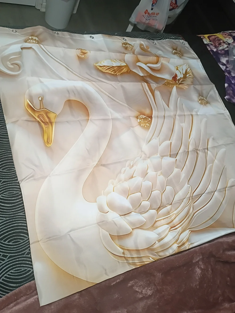 Swans In Love 2D Elegant Ivory & Gold Decor Luxury Shower Curtain